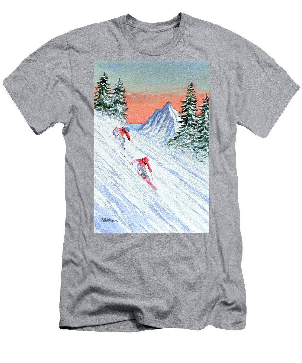 Skiing T-Shirt featuring the painting Skiing - She's Leading The Way by Bill Holkham