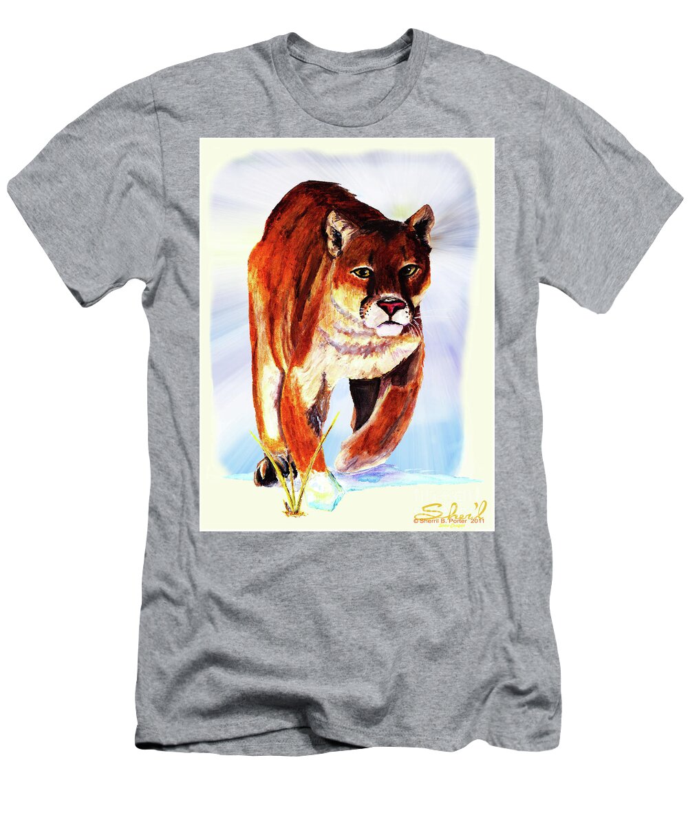 Wildlife T-Shirt featuring the painting Snow Cougar by Sherril Porter