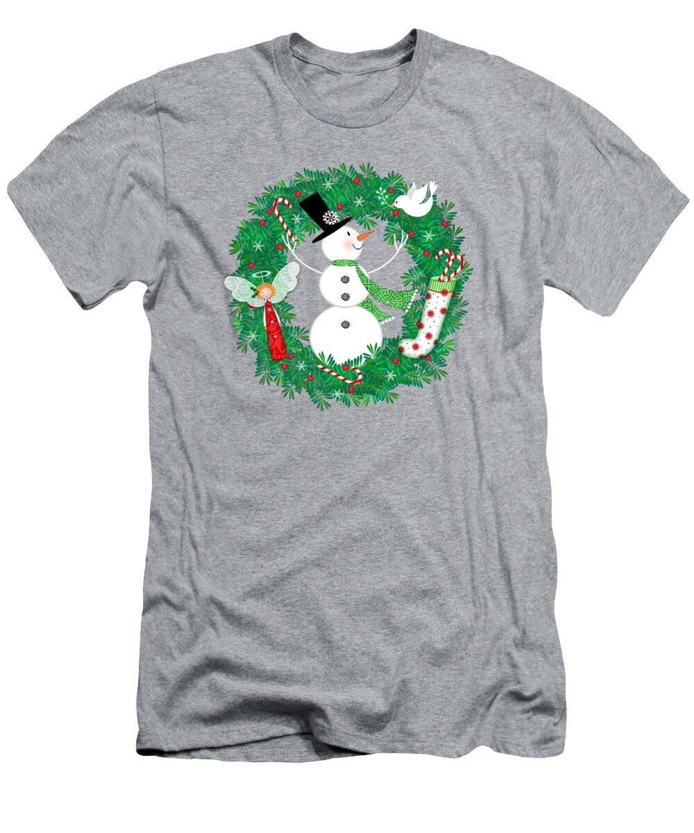 Christmas T-Shirt featuring the digital art Snowman Christmas Wreath by Valerie Drake Lesiak
