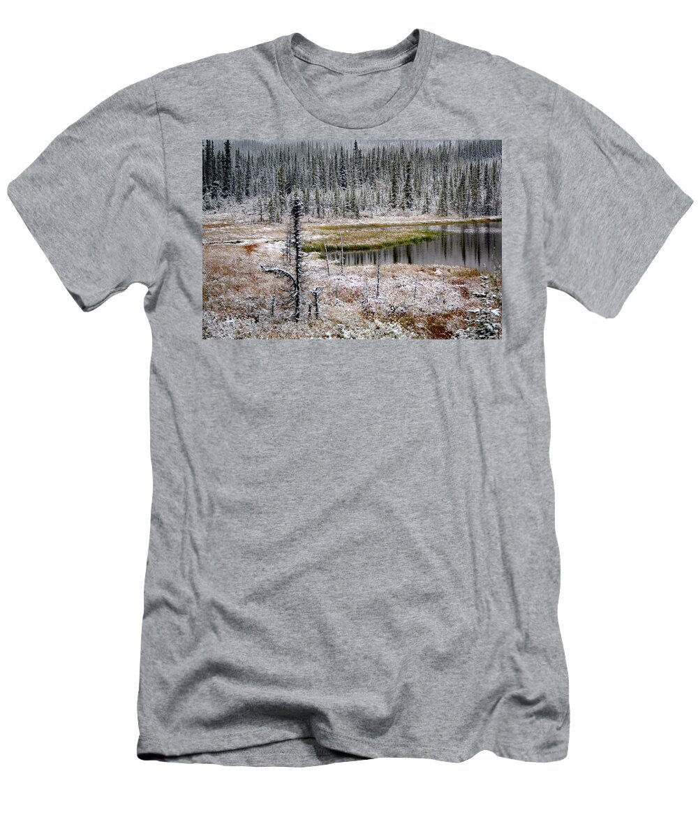 George Parks Highway T-Shirt featuring the photograph Snowy Evergreens and Pond by Connie Fox