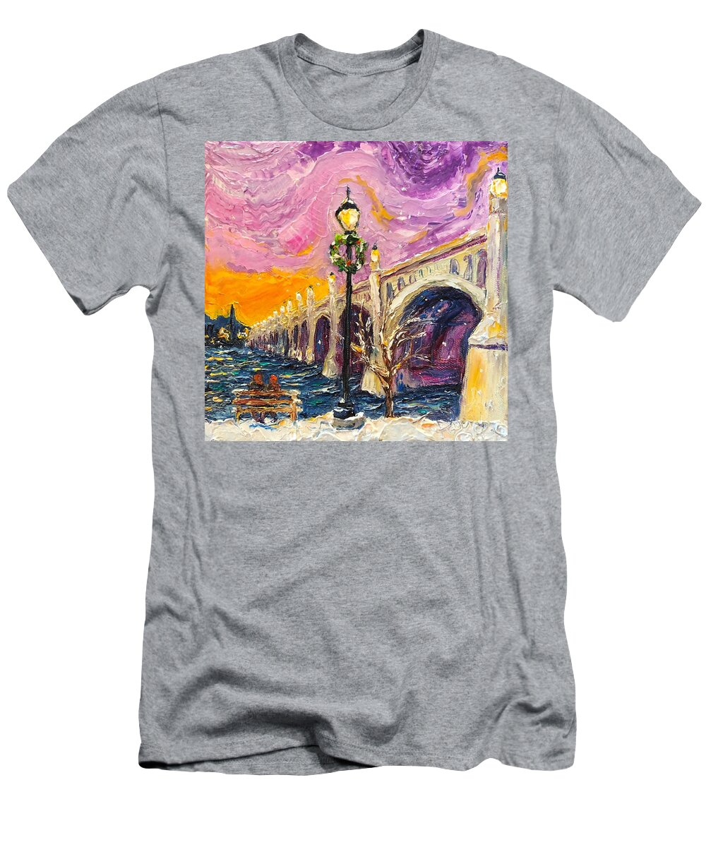 Lancaster T-Shirt featuring the painting Snowy Wrightsville Bridge by Paris Wyatt Llanso