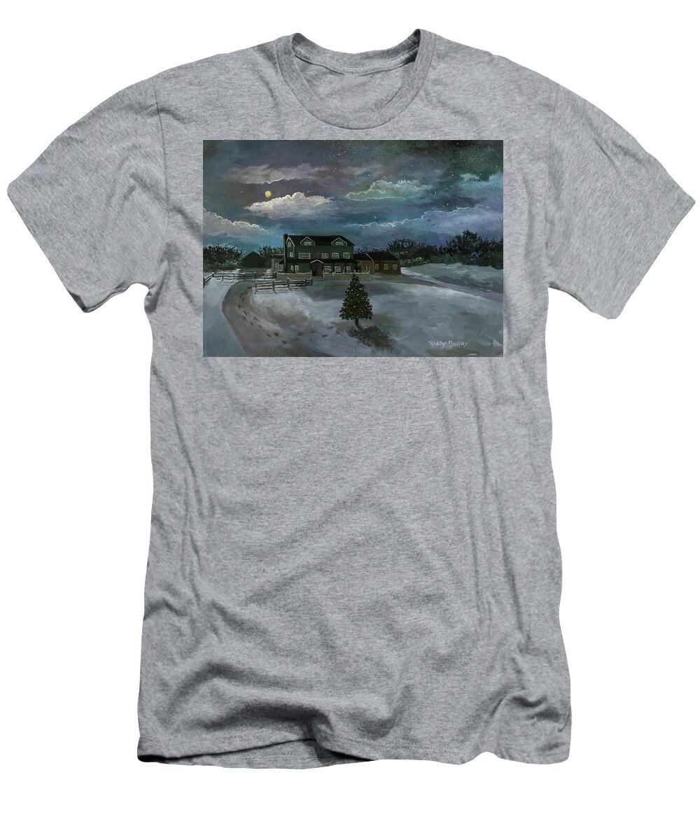 Fyrne Lake Farm T-Shirt featuring the painting SOLD. Fyrne Lake Farm. Tennessee. Winter Moonlight. by Rand Burns