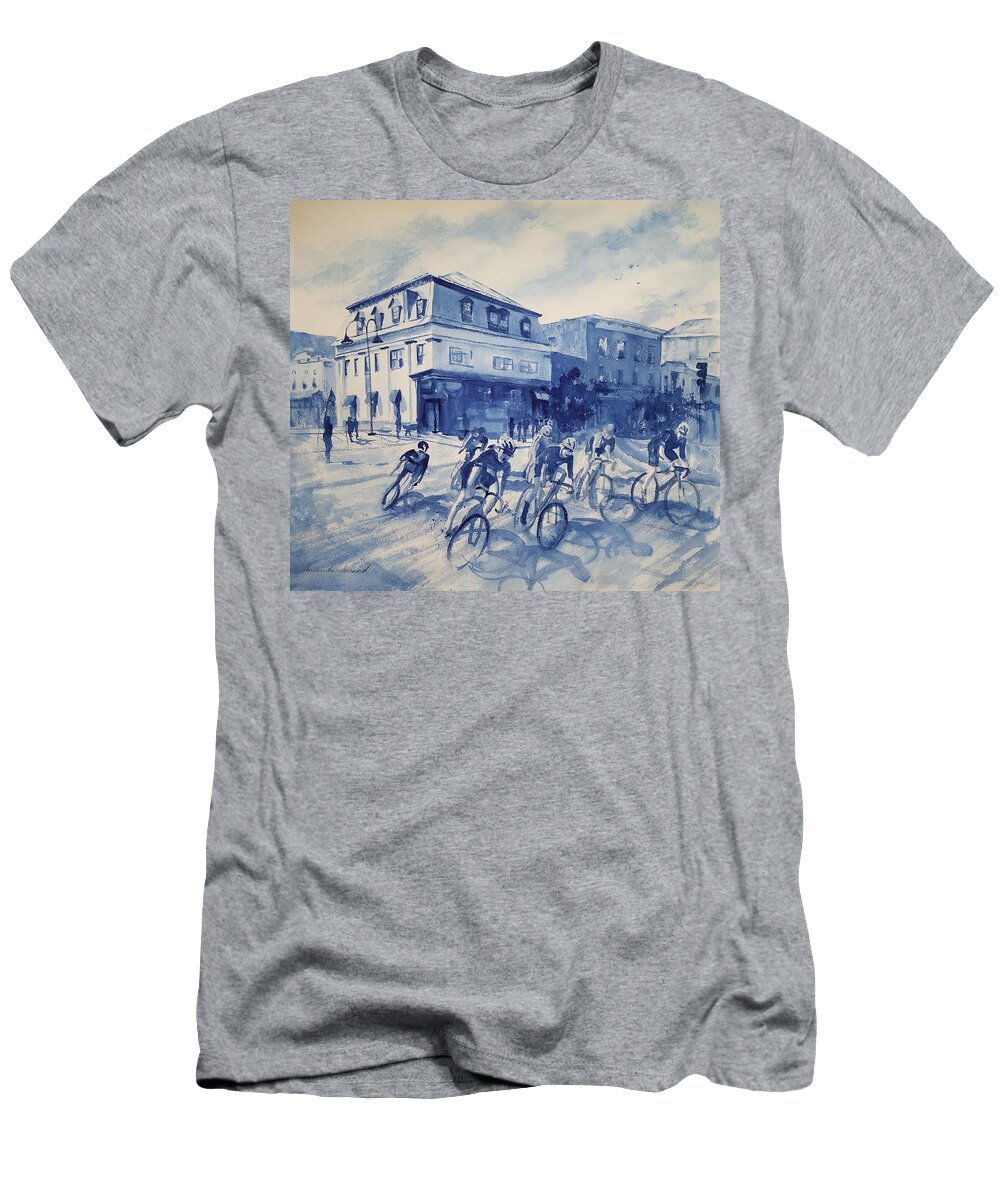 Green Mountain Stage Race T-Shirt featuring the painting Spinning Wheels by Amanda Amend