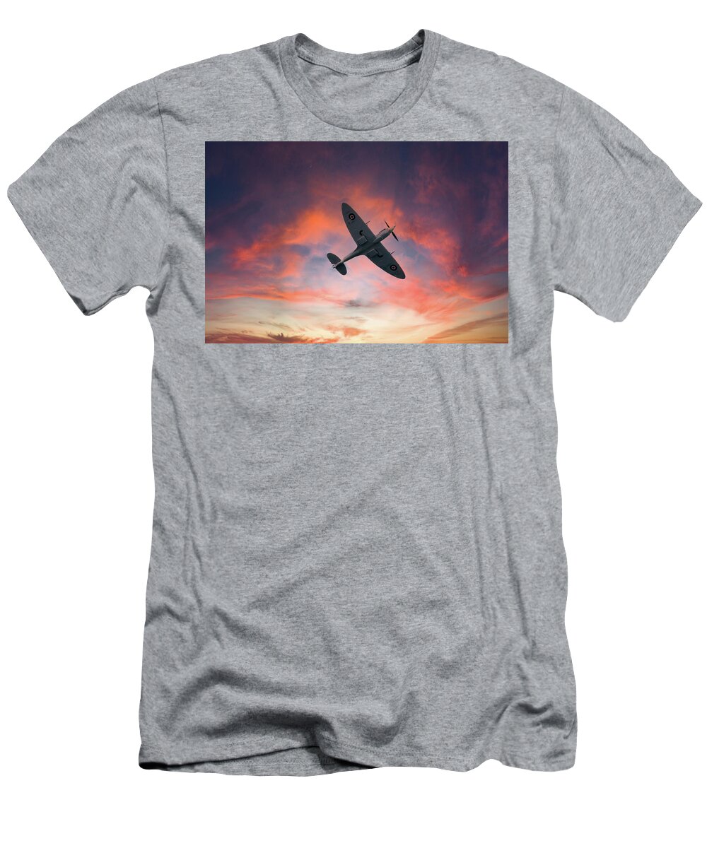 Eastbourne International Airshow T-Shirt featuring the photograph Spitfire flying at sunset by Andrew Lalchan