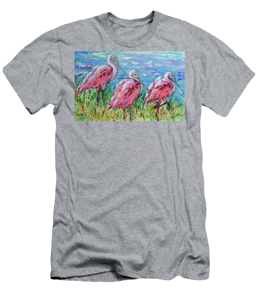 Spoonbills T-Shirt featuring the painting Spoonbills at the Lake by Jyotika Shroff