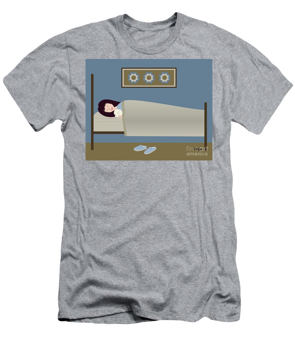 Mid Century Cat T-Shirt featuring the digital art Spooning with Cat in Bed by Donna Mibus