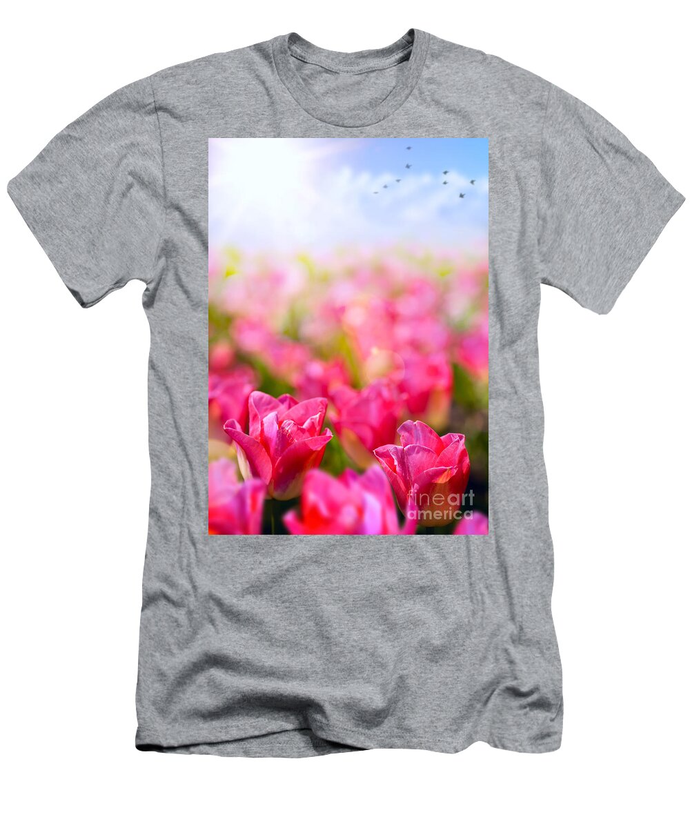 Spring Flower T-Shirt featuring the photograph Spring Floral Background Fresh Tulip Flower On Blue Sky Backgro by Boon Mee