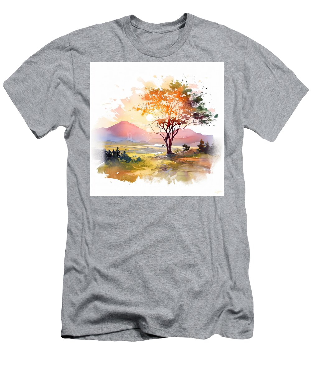 Four Seasons T-Shirt featuring the painting Spring Glow - Four Seasons Watercolor Artwork by Lourry Legarde