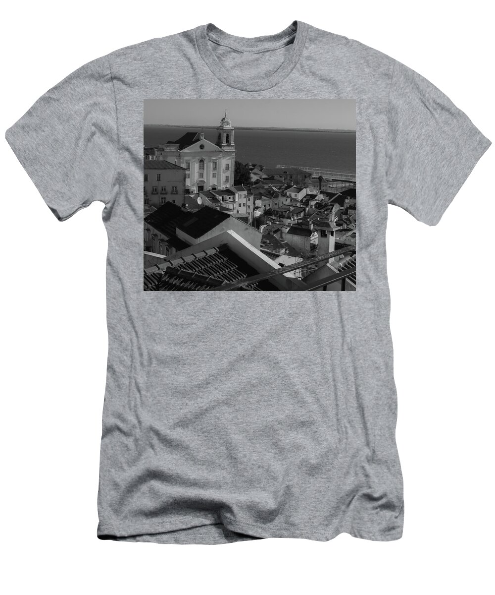 Church T-Shirt featuring the photograph St Stephen Church and the Alfama Coastline of Lisbon Portugal by Christina McGoran