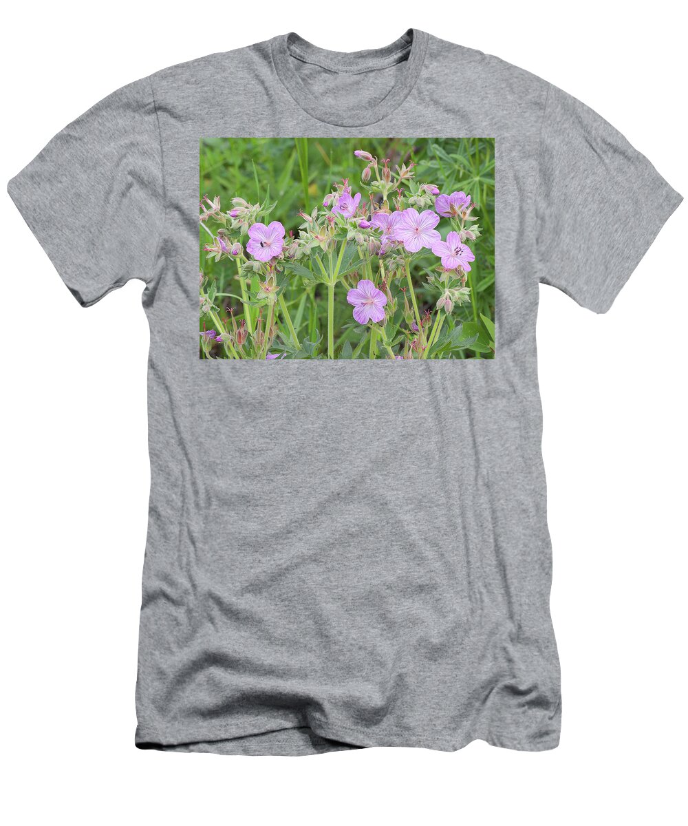 Glacier National Park T-Shirt featuring the photograph Sticky Geranium wildflowers - Glacier National Park, Montana by Ram Vasudev