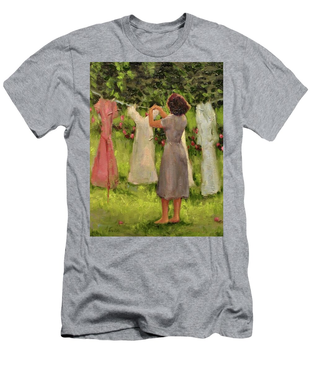 Women Hanging Clothes T-Shirt featuring the painting Summer Breeze by Ashlee Trcka