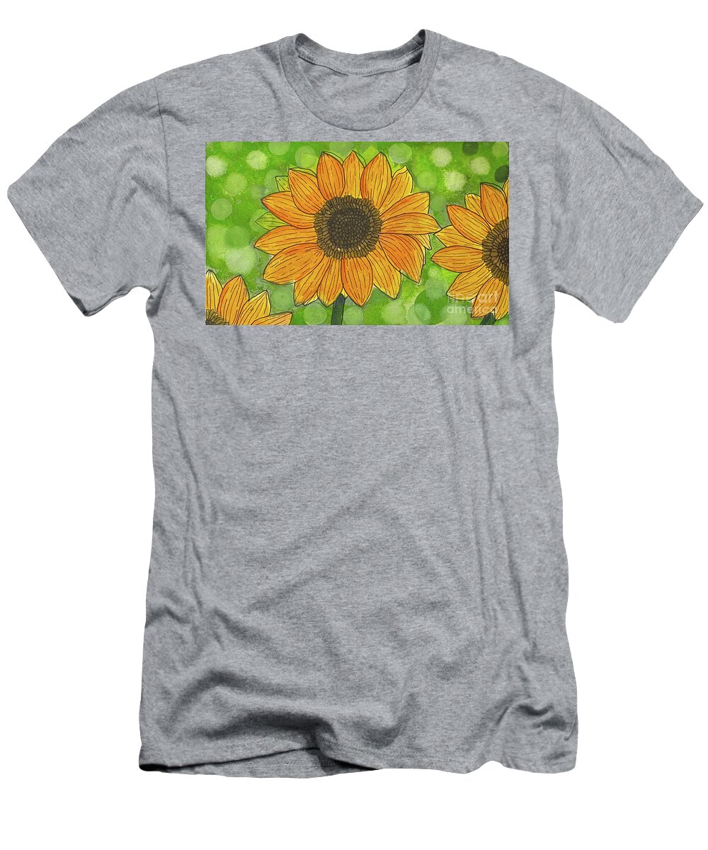 Sunflowers T-Shirt featuring the mixed media Sunflowers on Green by Lisa Neuman