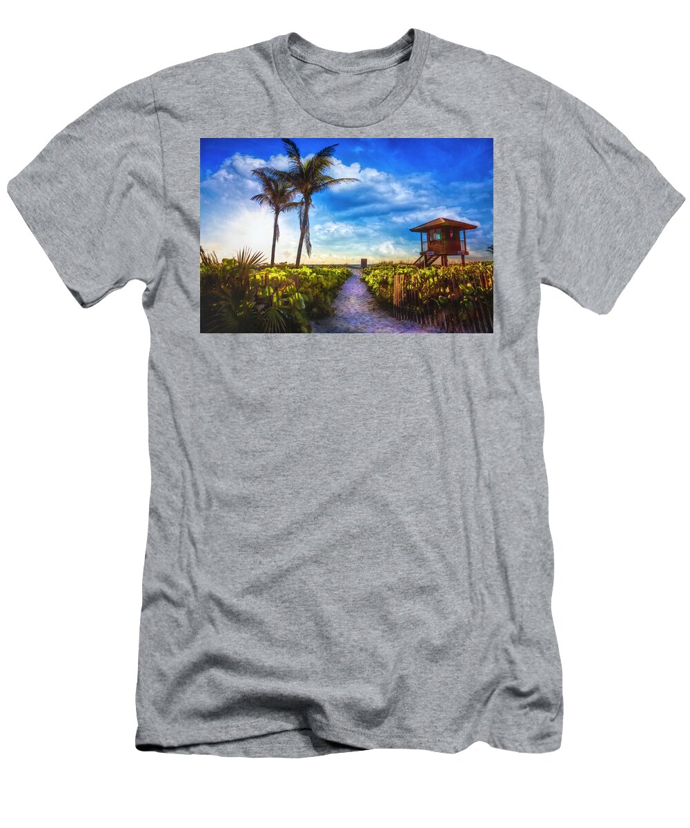 Clouds T-Shirt featuring the photograph Sunrise Lifeguard Stand by Debra and Dave Vanderlaan