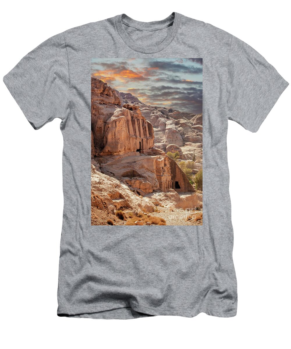 Petra T-Shirt featuring the photograph Sunset at the lost city of Petra, Jordan. Amazing buildings are carved out of the pink rock and the Rose City dates to around 300 BC by Jane Rix