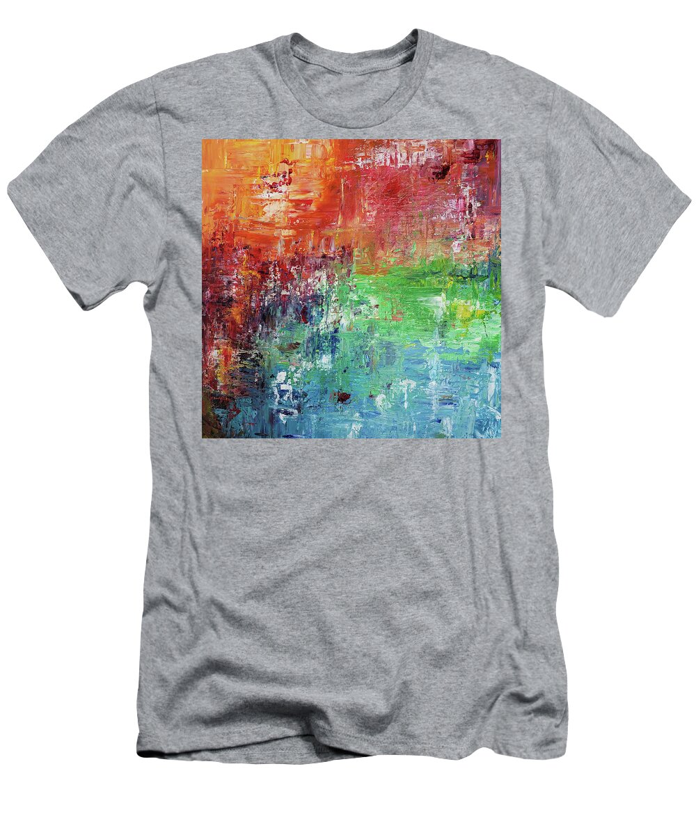 Colorful Abstract Painting T-Shirt featuring the painting SUNSET BY THE POND Abstract In Primary Colors Red Blue Green Orange Yellow by Lynnie Lang