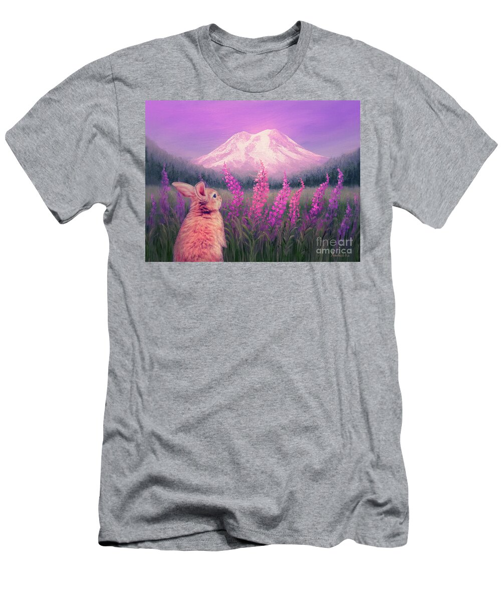 Mount Rainier T-Shirt featuring the painting Sunset on Mount Rainier by Yoonhee Ko