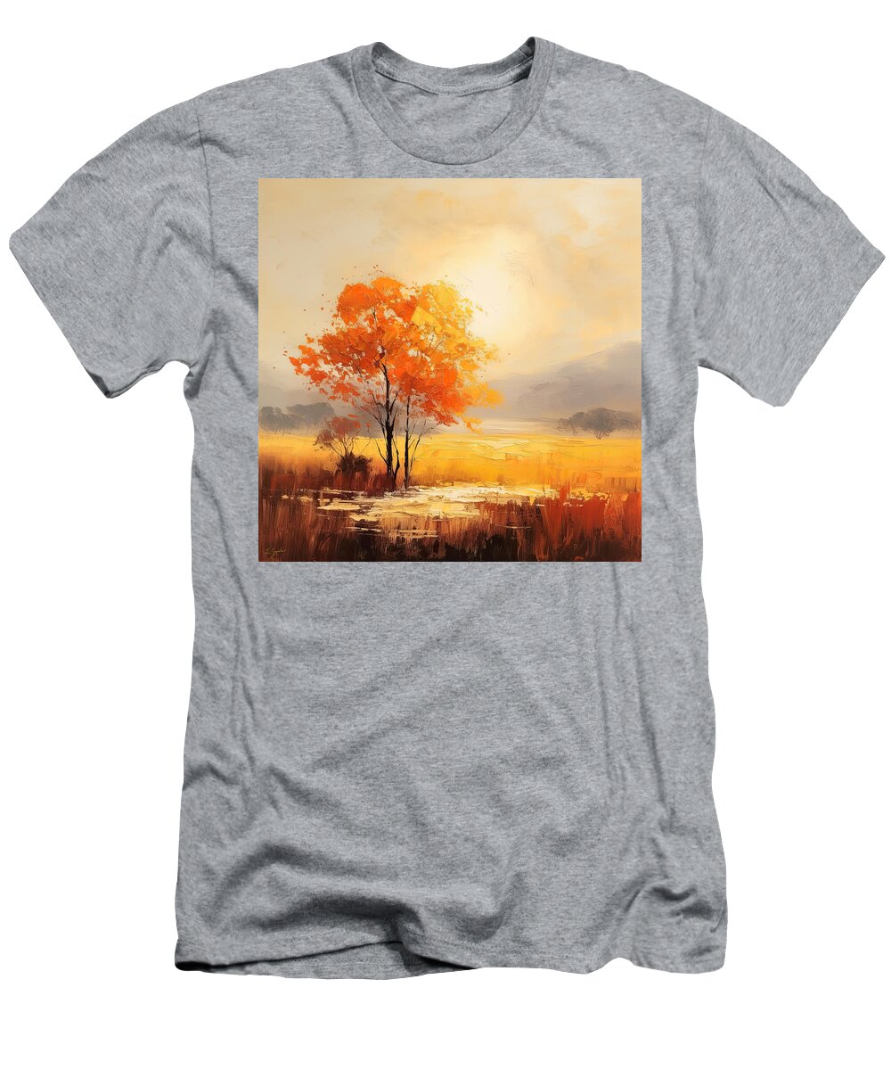 Gray And Red Art T-Shirt featuring the painting Sunset's Embrace - Autumn Artwork - Autumn Impressionism by Lourry Legarde