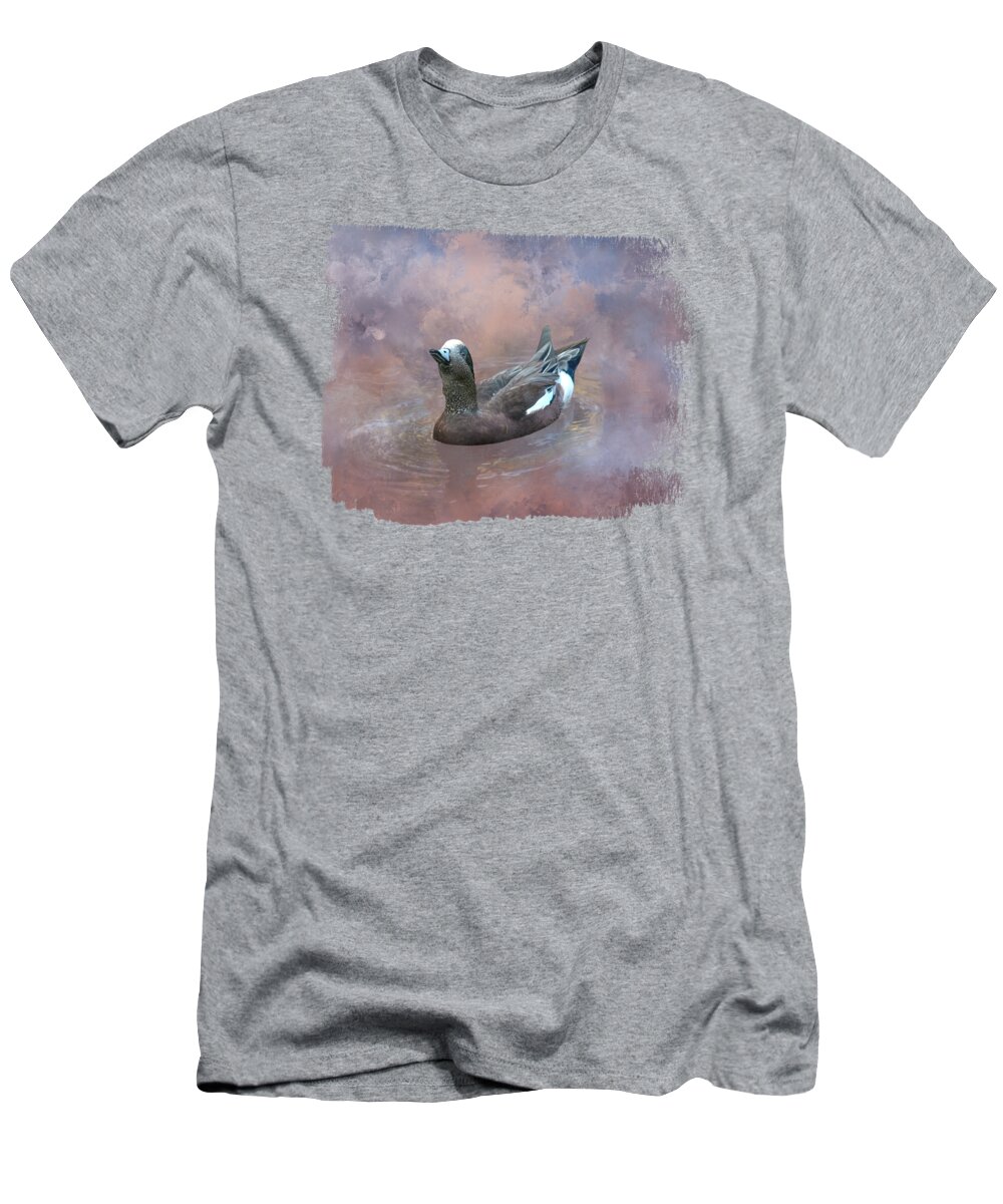 American Wigeon T-Shirt featuring the mixed media Swimming American Wigeon One by Elisabeth Lucas