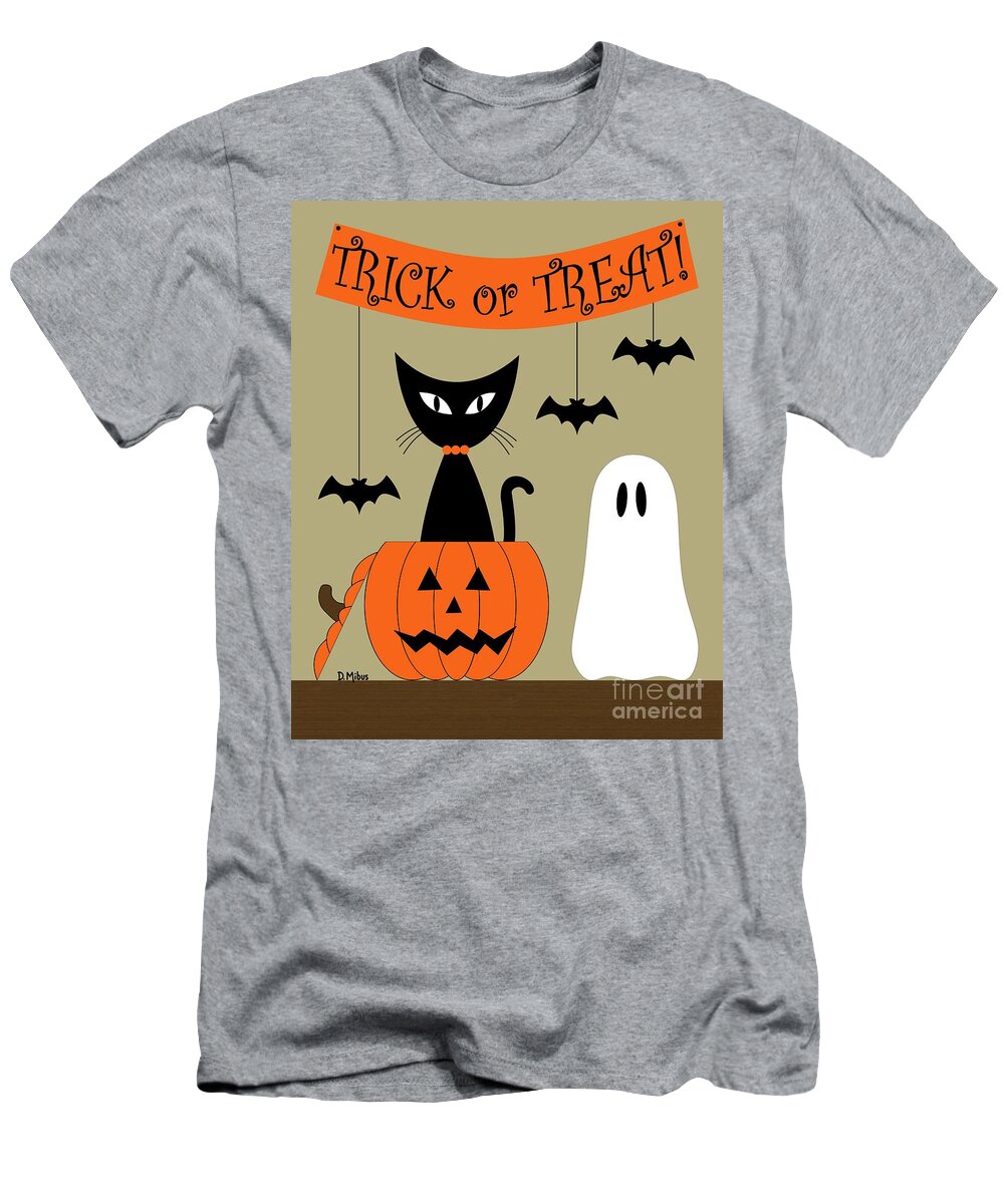 Mid Century Cat T-Shirt featuring the digital art Tabletop Cat in Jack O'Lantern 2 by Donna Mibus