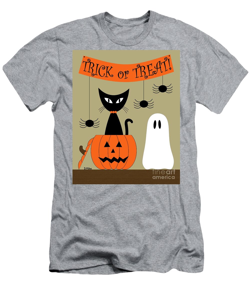 Mid Century Cat T-Shirt featuring the digital art Tabletop Cat in Jack O'Lantern by Donna Mibus