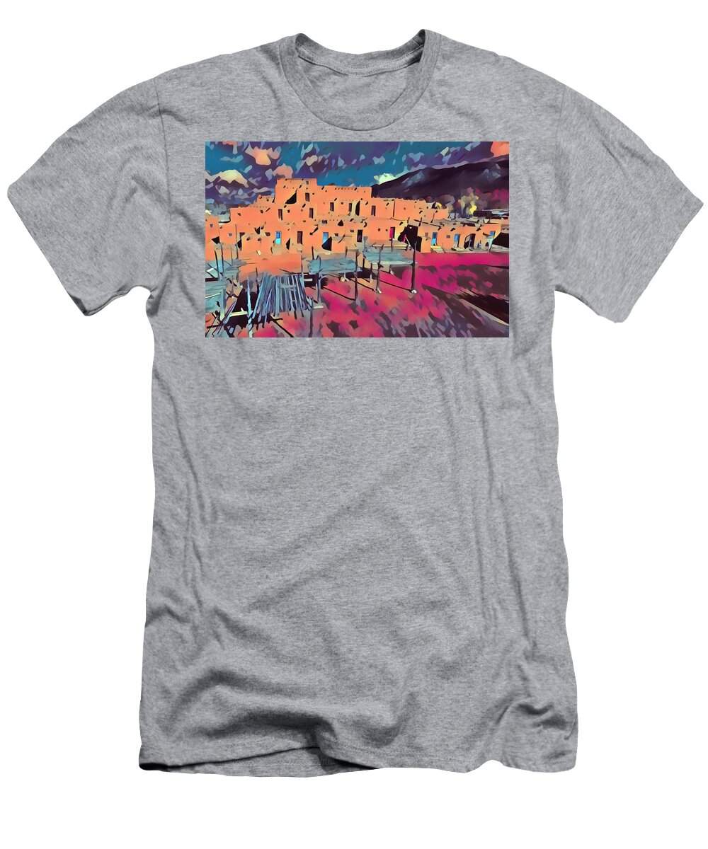Native American T-Shirt featuring the digital art Taos Pueblo Sunset #1 by Aerial Santa Fe