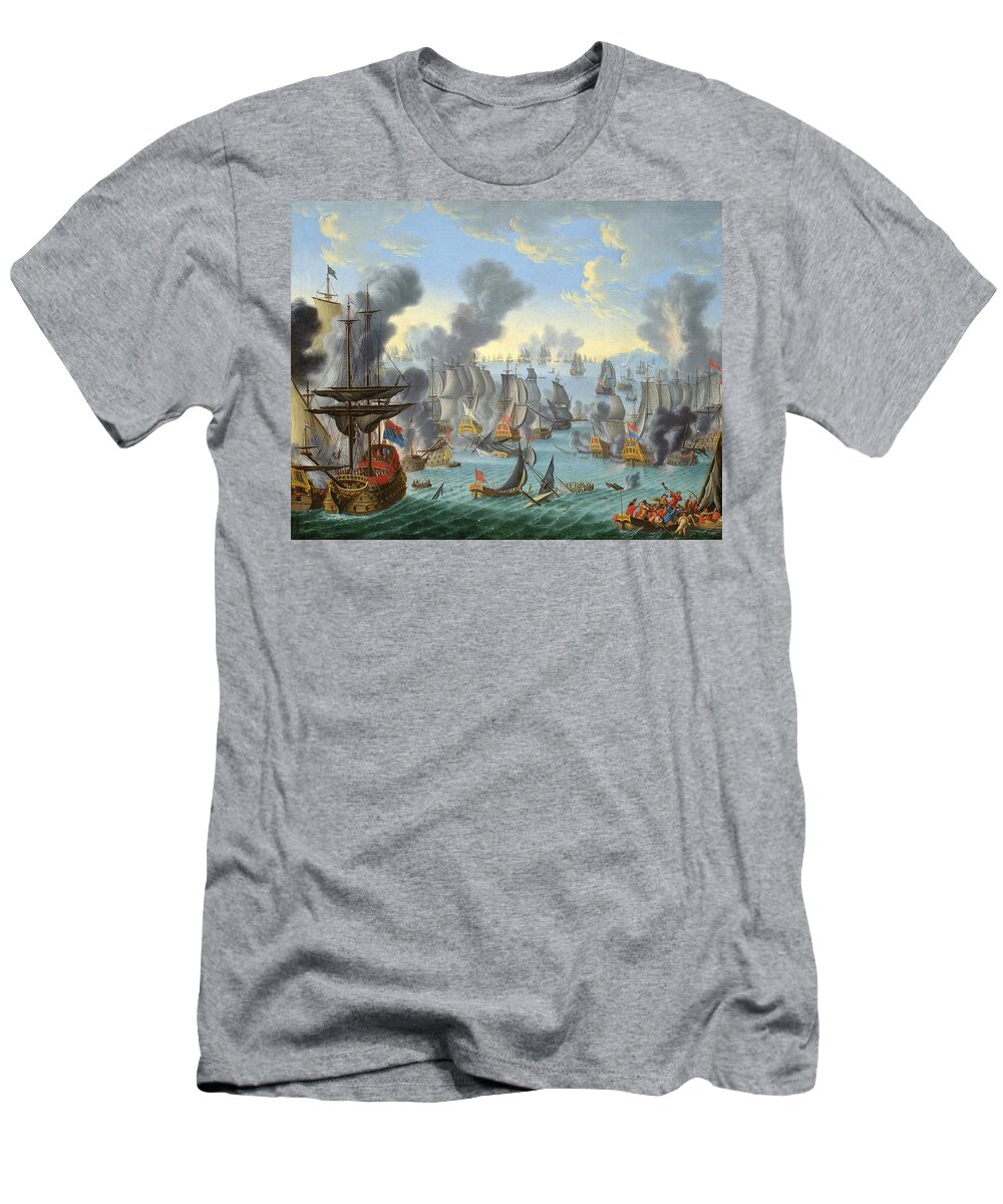 Attributed To Willem Van Der Hagen T-Shirt featuring the painting The Battle of Malaga by Attributed to Willem Van der Hagen