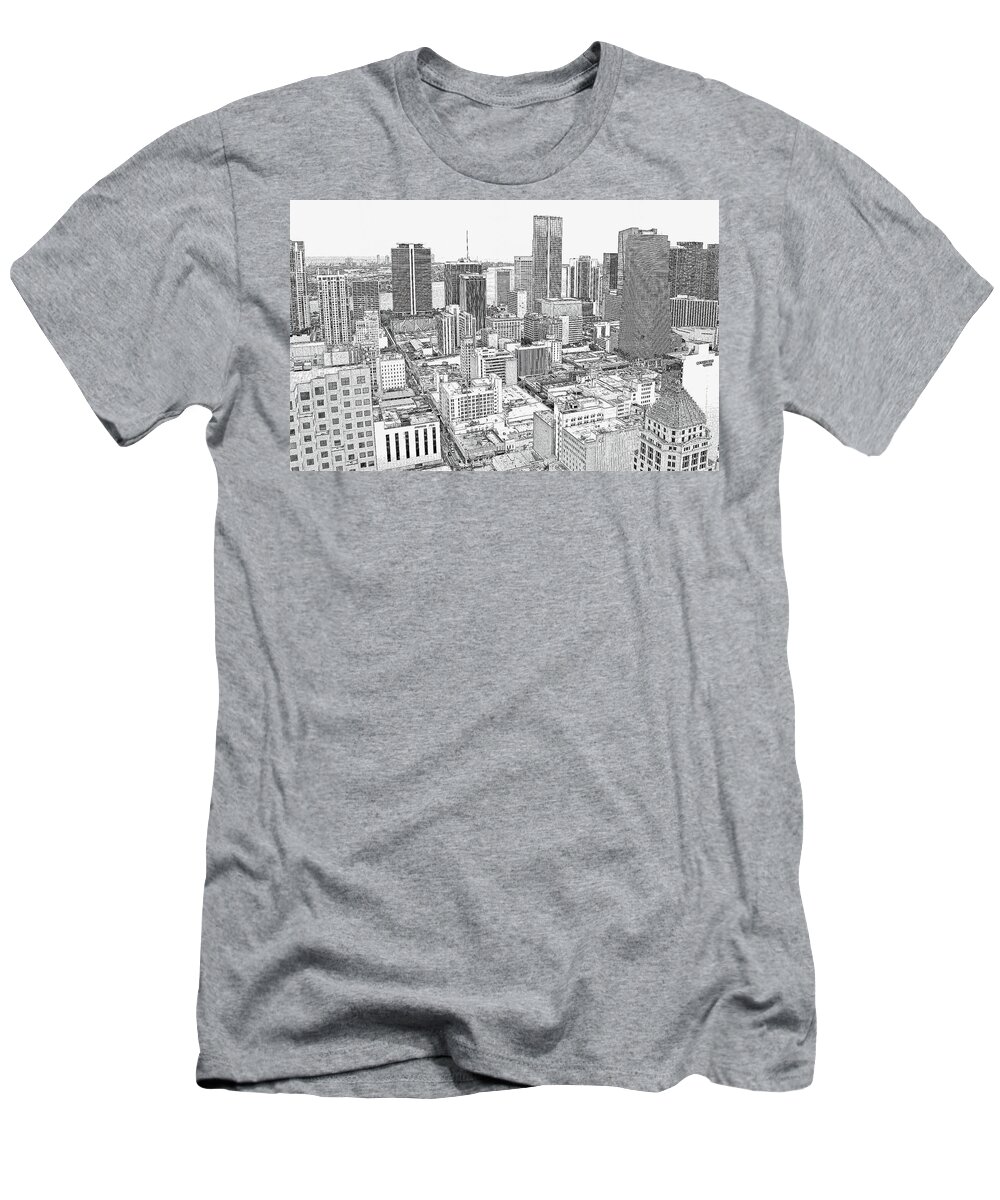 Central Business District Miami T-Shirt featuring the digital art The Central Business District of downtown Miami - pencil sketch by Nicko Prints