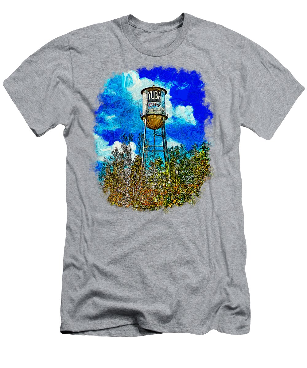 Water Tower T-Shirt featuring the digital art The iconic water tower in Yuba City, California - impressionist painting by Nicko Prints