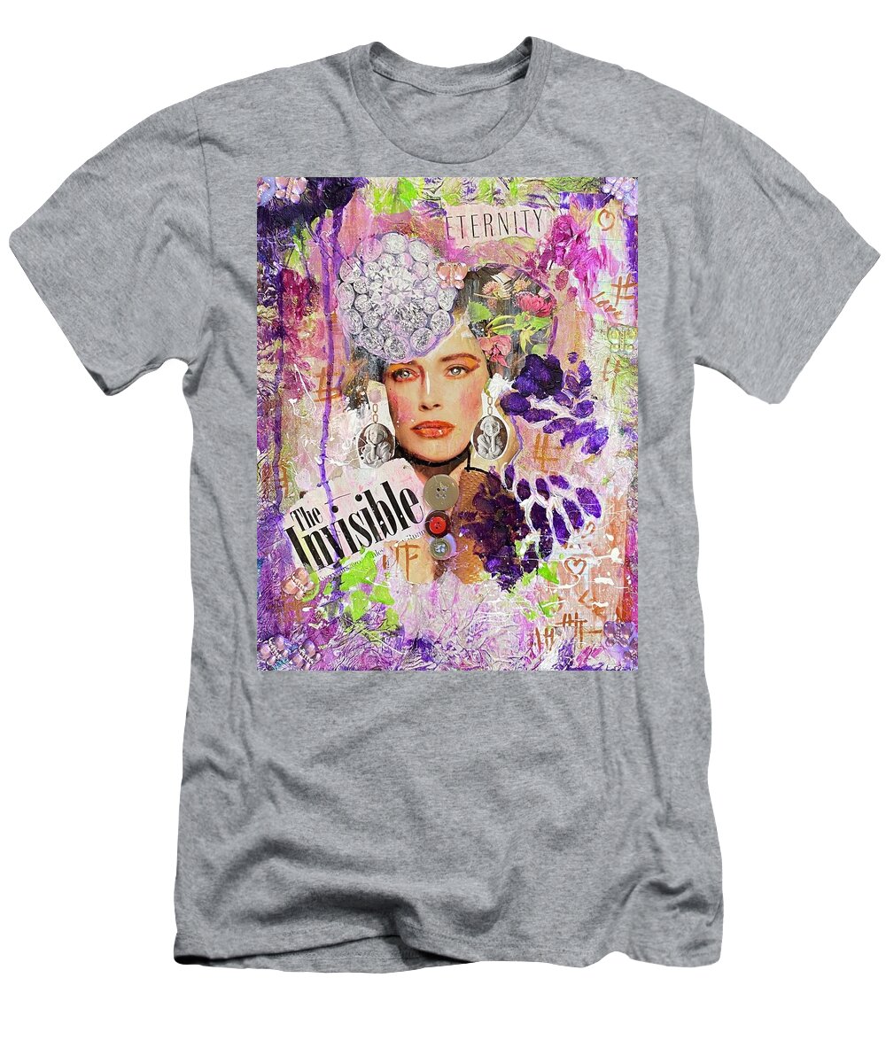 Collage Art Fine Art Woman Love Peace Pretty Purple Pink Rose T-Shirt featuring the painting The Invisible Eternity by Shemika Bussey