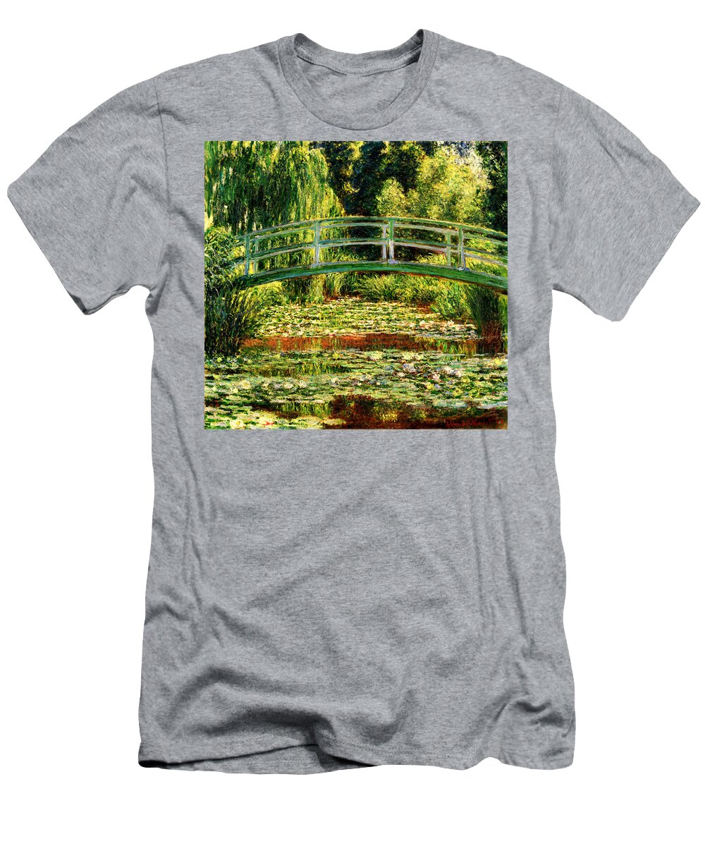 Japanese Footbridge And The Water Lily Pool T-Shirt featuring the digital art The Japanese Footbridge and the Water Lily Pool, Giverny - by Claude Monet - digital enhancement by Nicko Prints