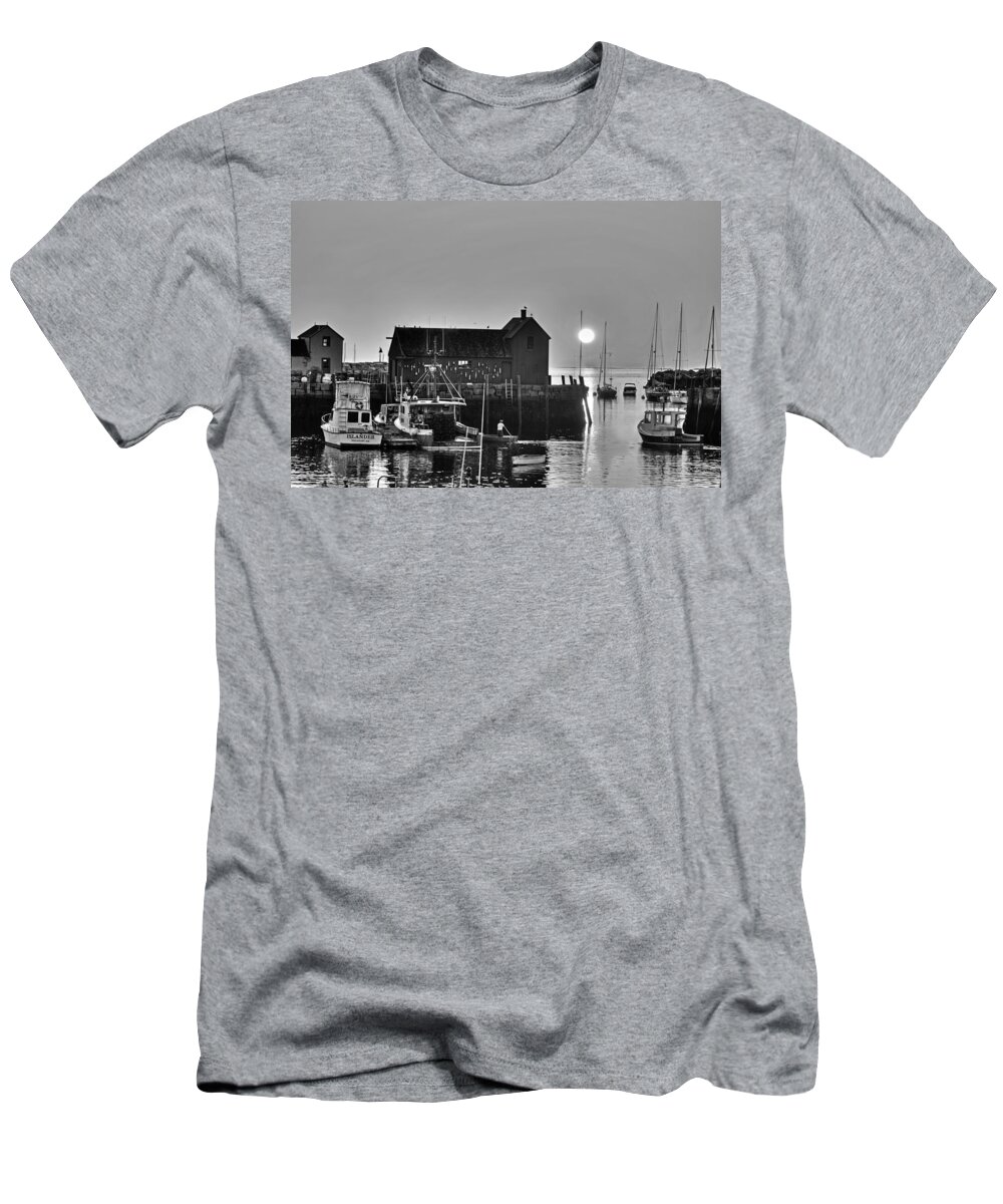 Rockport T-Shirt featuring the photograph The sun rising by motif number 1 in Rockport MA Bearskin neck Black and White by Toby McGuire
