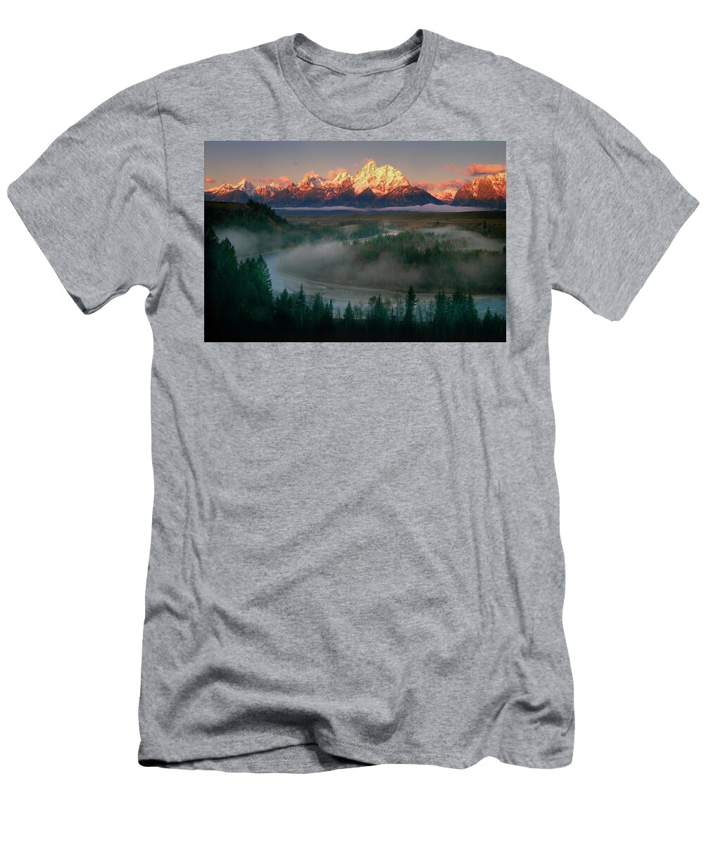 Tetons T-Shirt featuring the photograph The Tetons Sunrise at Snake River Overlook by Mark Miller