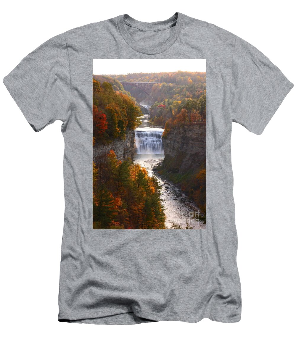Middle Falls T-Shirt featuring the photograph The Middle Falls of Letchworth State Park by Tony Lee