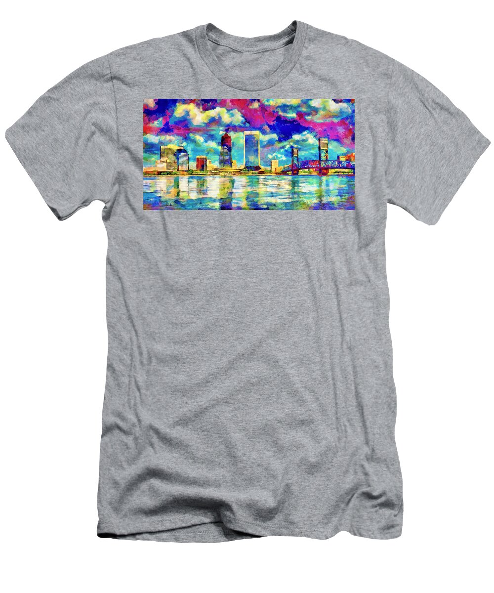 Downtown Jacksonville T-Shirt featuring the digital art The waterfront of downtown Jacksonville, Florida - colorful painting by Nicko Prints
