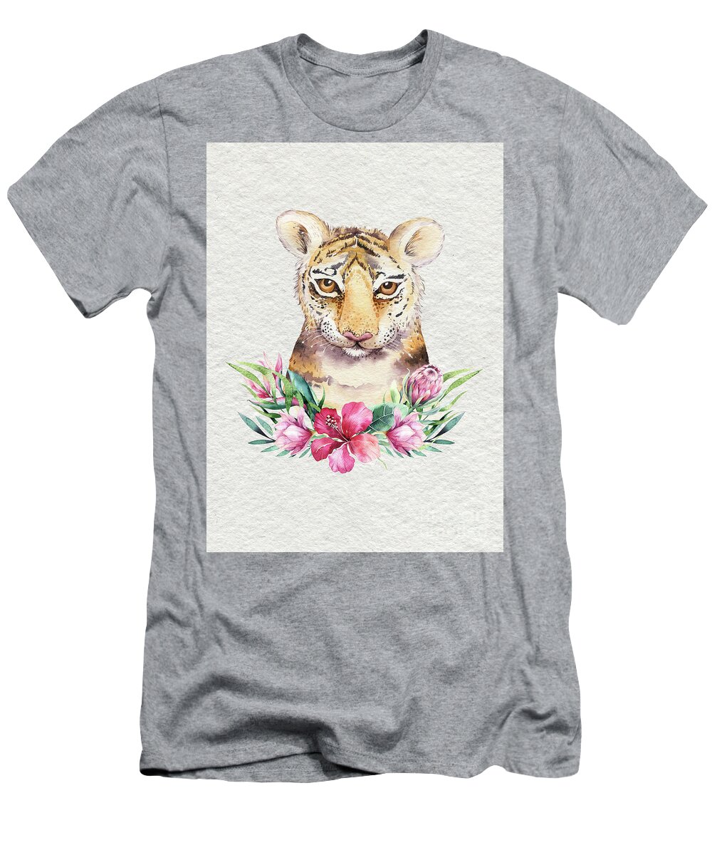 Tiger With Flowers T-Shirt featuring the painting Tiger With Flowers by Nursery Art