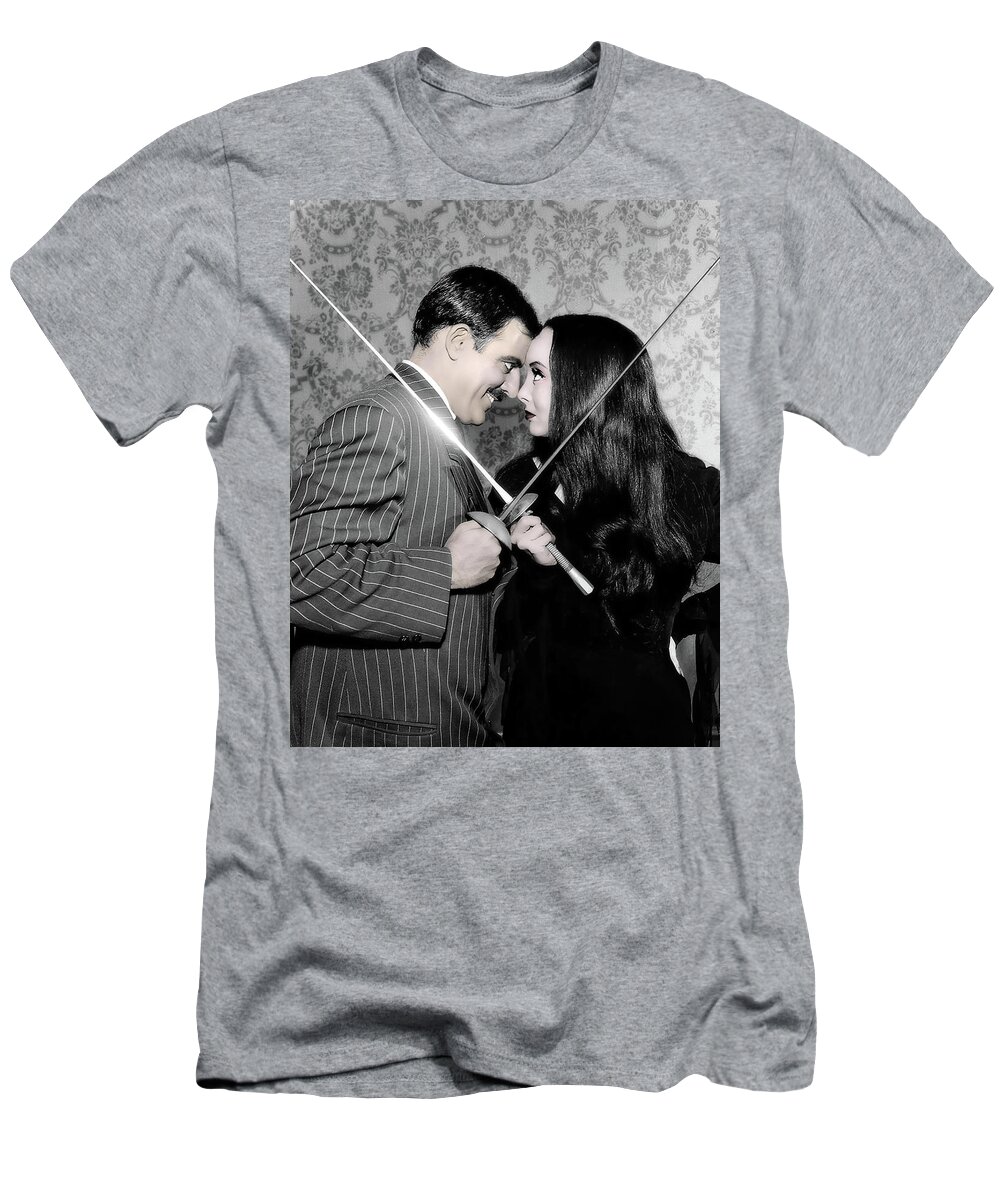 2d T-Shirt featuring the digital art Tish And Gomez - The Addams Family by Brian Wallace