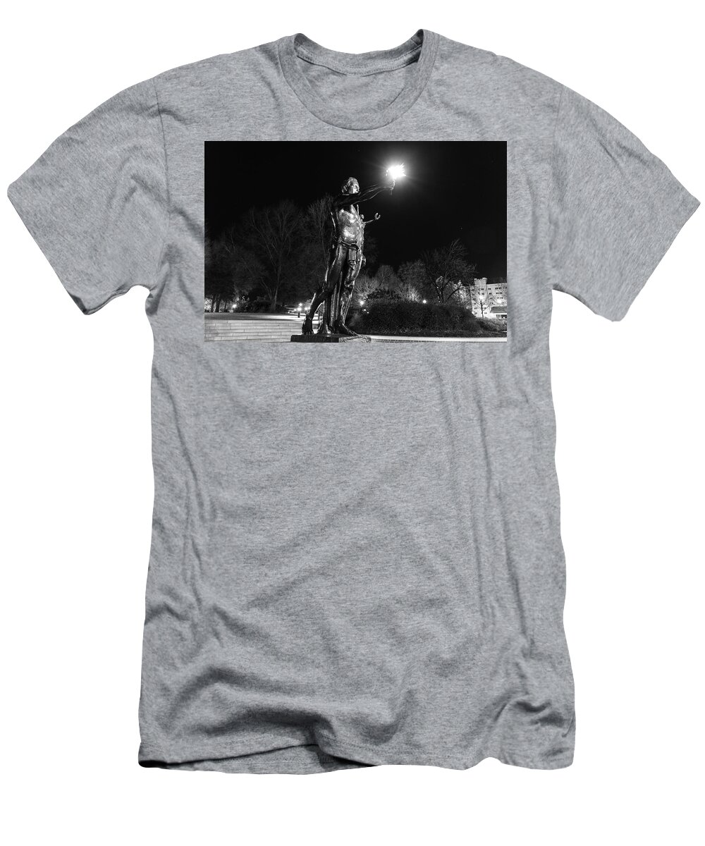 University Of Tennessee At Night T-Shirt featuring the photograph Torchbearer statue at the University of Tennessee at night in black and white by Eldon McGraw