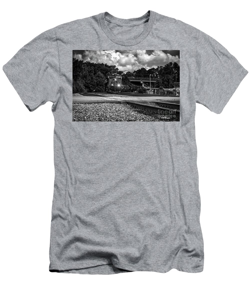 Trains T-Shirt featuring the photograph Train and Tracks in Black-White by DB Hayes
