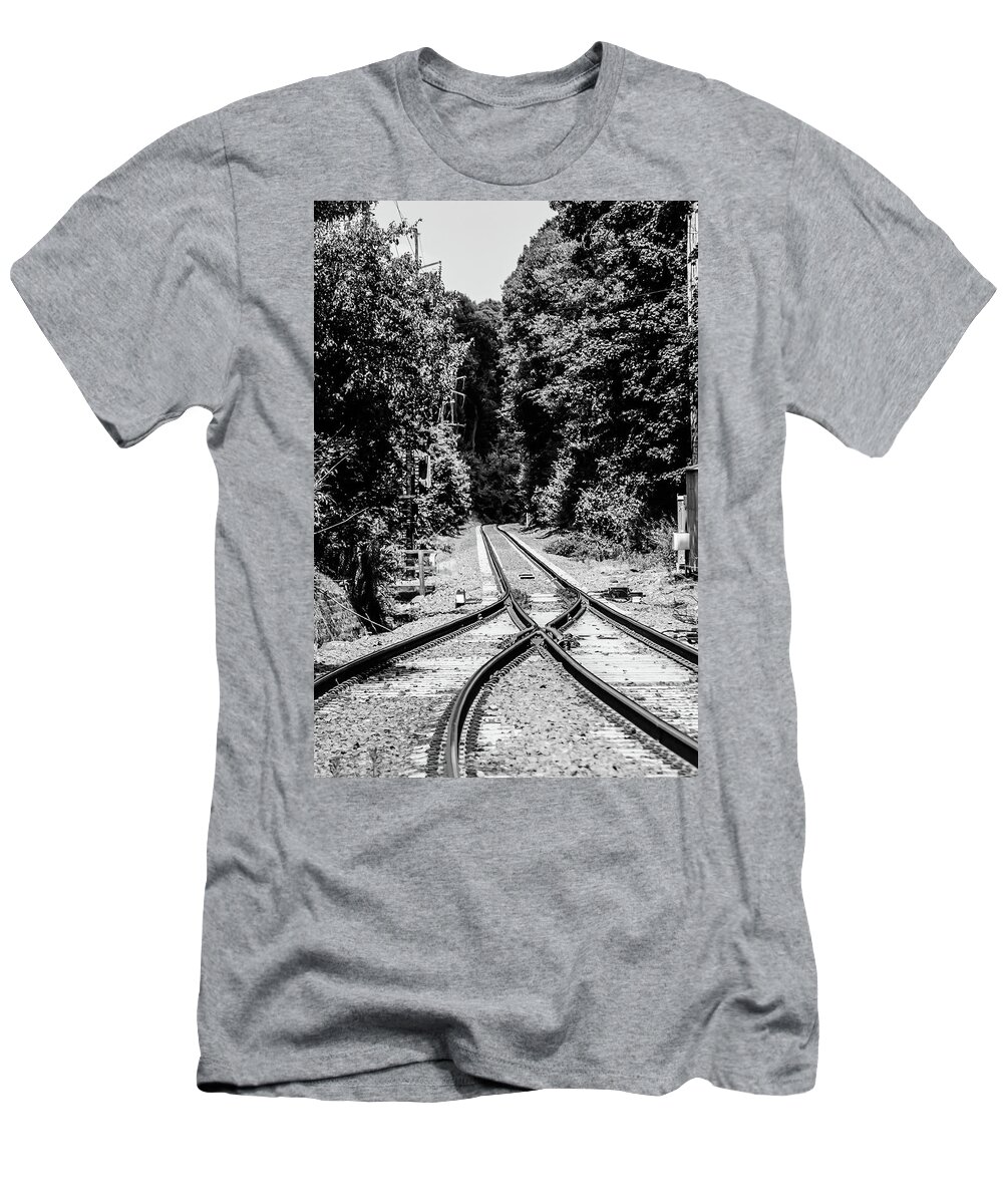 Train Tracks Rr Rail Road B&w Trees T-Shirt featuring the photograph Train Tracks1 by John Linnemeyer