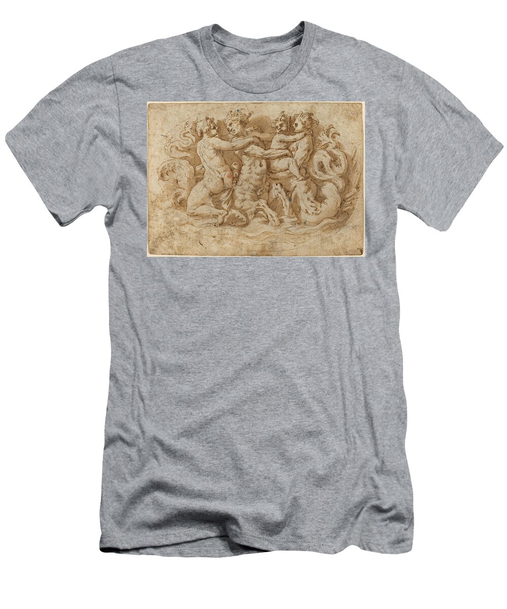 Attributed To Pellegrino Tibaldi T-Shirt featuring the drawing Tritons and Nymphs by Attributed to Pellegrino Tibaldi