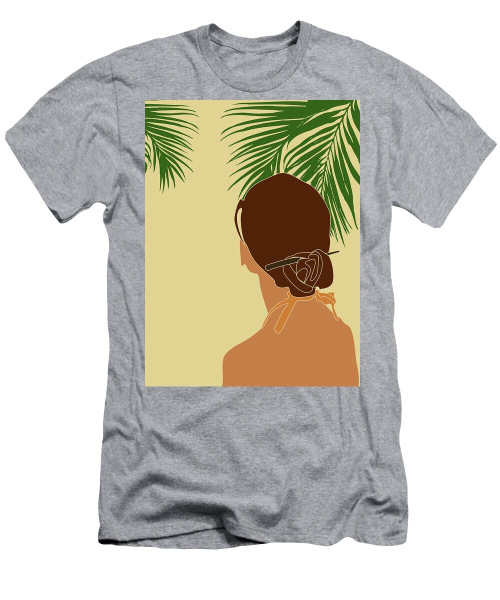Tropical Reverie T-Shirt featuring the mixed media Tropical Reverie - Modern Minimal Illustration 12 - Girl, Palm Leaves - Tropical Aesthetic - Brown by Studio Grafiikka