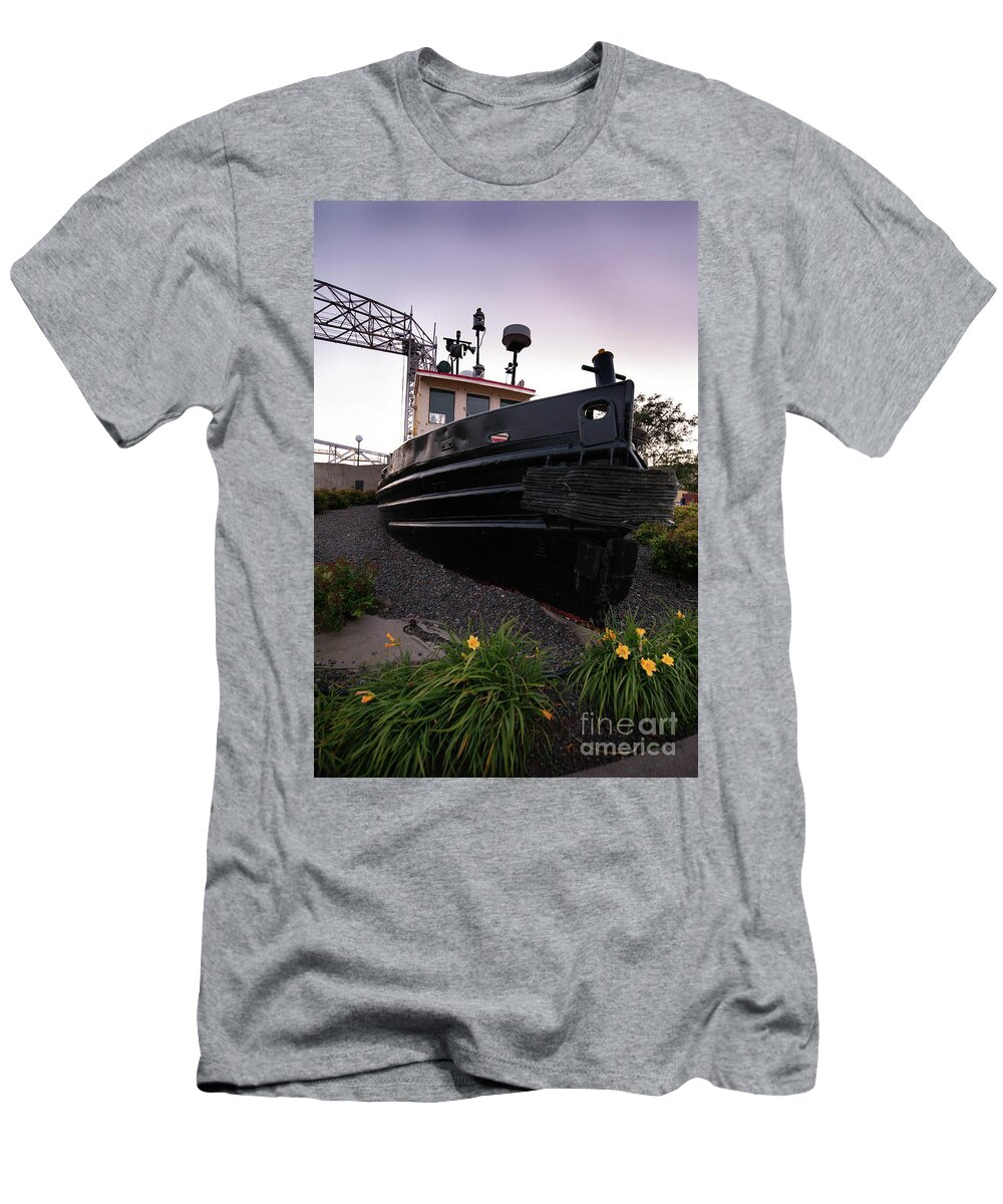 Tugboat T-Shirt featuring the photograph Tugboat and Aerial Lift Bridge in Background Duluth Minnesota by Nikki Vig