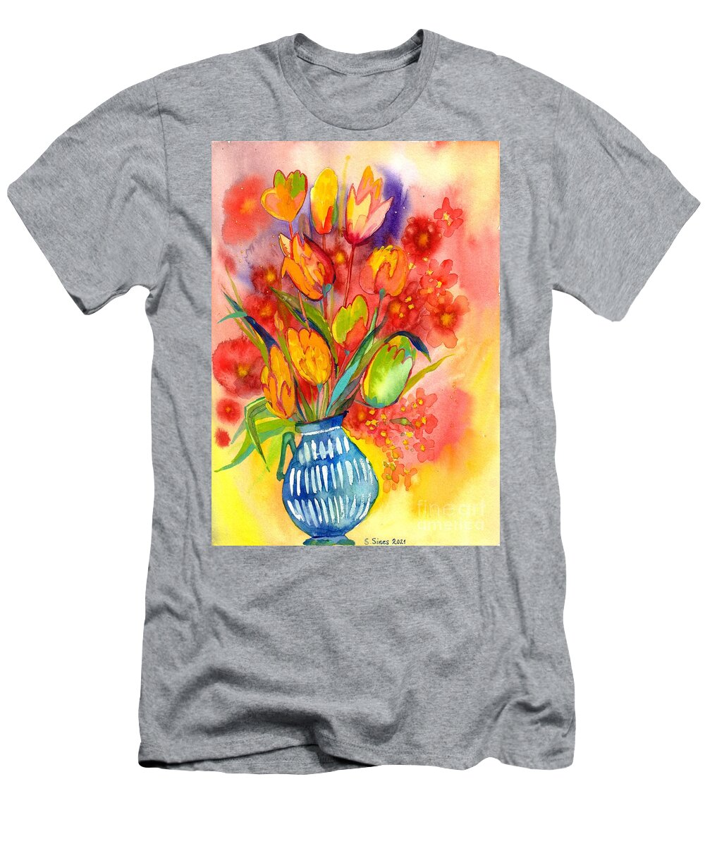 Striped Vase T-Shirt featuring the painting Tulips And Poppies In Striped Vase by Suzann Sines