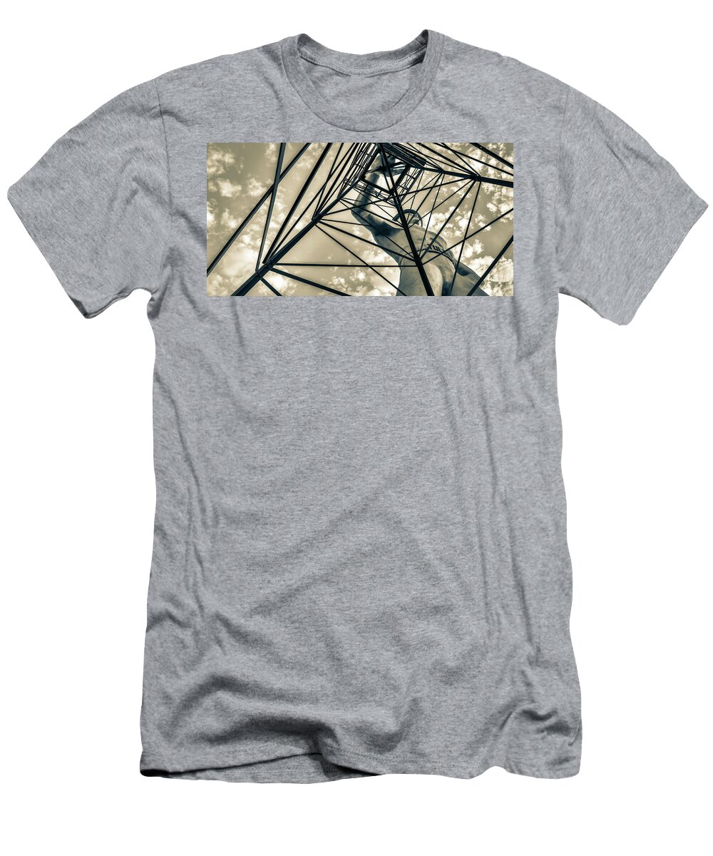 Tulsa Driller T-Shirt featuring the photograph Tulsa Driller On Oil Derrick in Sepia Panorama by Gregory Ballos