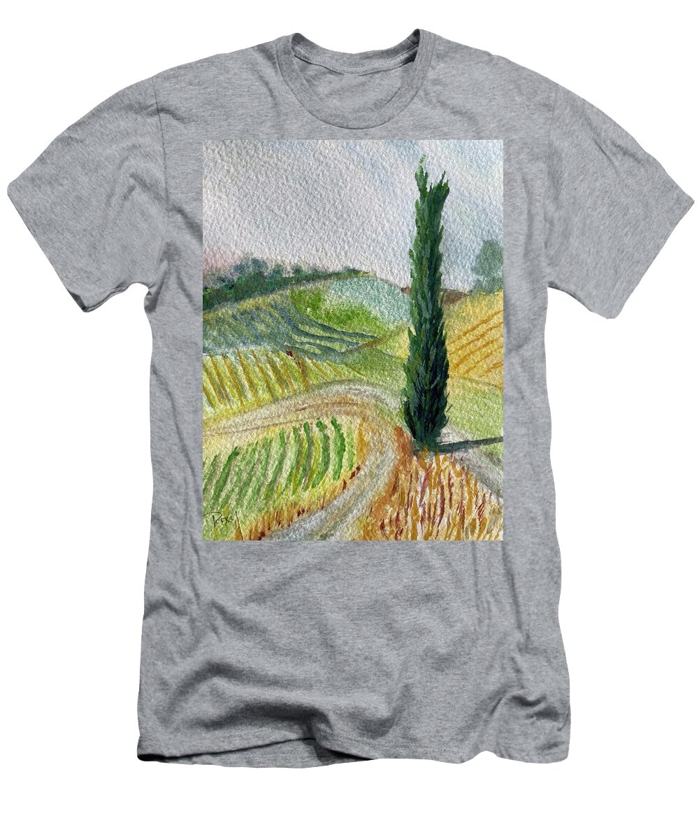 Cypress Tree T-Shirt featuring the painting Tuscan Cypress Tree Landscape by Roxy Rich