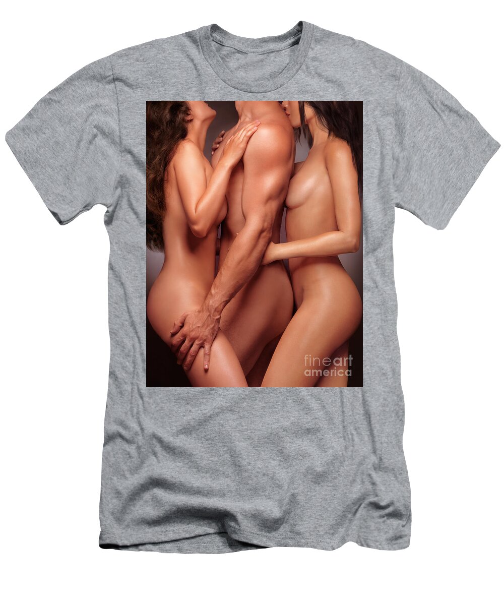 Two beautiful naked women leaning against nude man T-Shirt by Maxim Images Exquisite Prints picture