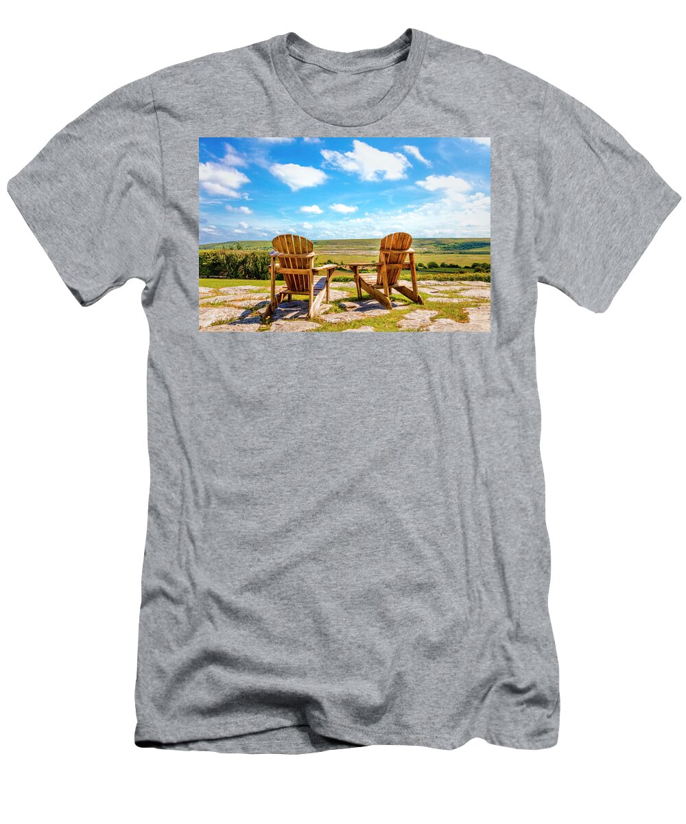 Clouds T-Shirt featuring the photograph Two Chairs Under a Blue Sky by Debra and Dave Vanderlaan