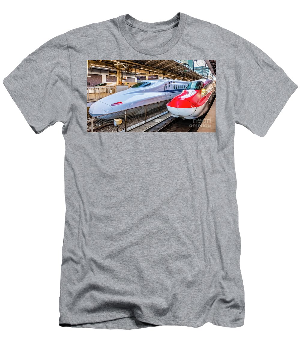 Shinkansen T-Shirt featuring the photograph Two Shinkansen at the Tokyo Station by Lyl Dil Creations