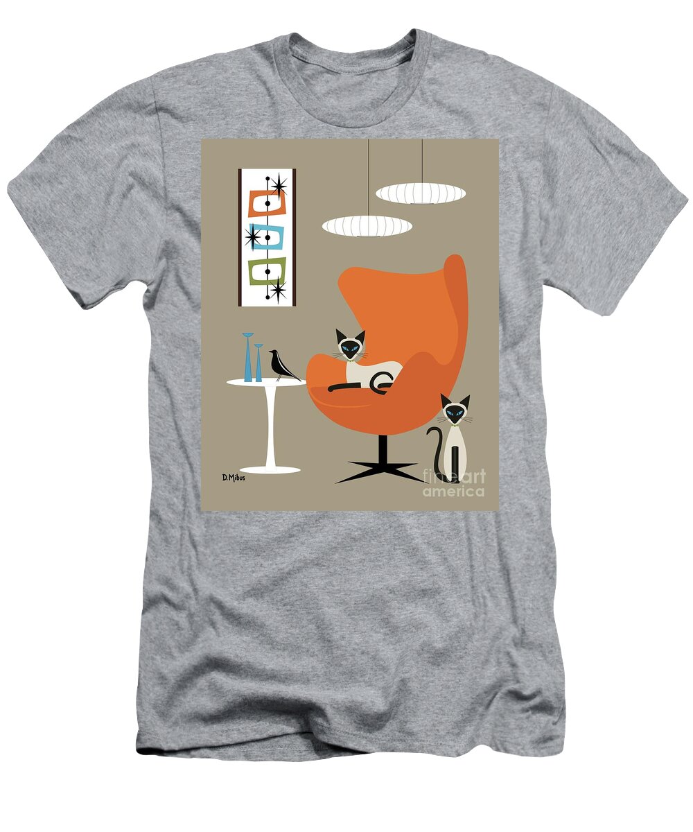 Mid Century Cat T-Shirt featuring the digital art Two Siamese in Mid Century Orange Chair by Donna Mibus