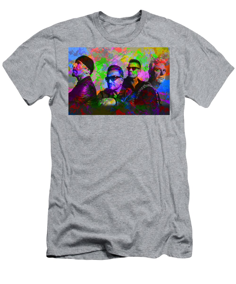 U2 T-Shirt featuring the mixed media U2 Band Paint Splatters Portrait by Design Turnpike